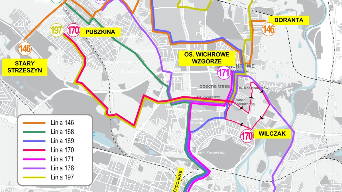 mapa przedstawiająca propozonowany przez radnego Pawła Sowę układ linii autobusowych na północy Poznania