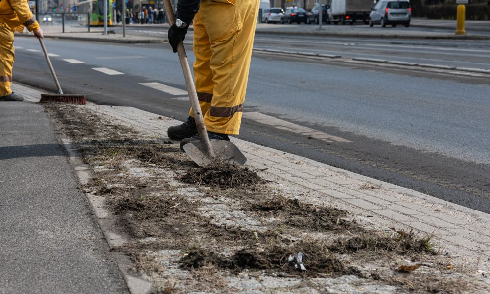 dwie osoby widiczne od pasa w dół sprzątają fragment pobocza jezdni z liści i piachu, jedna z nich pracuje z miotłą, druga z łopatą - grafika artykułu
