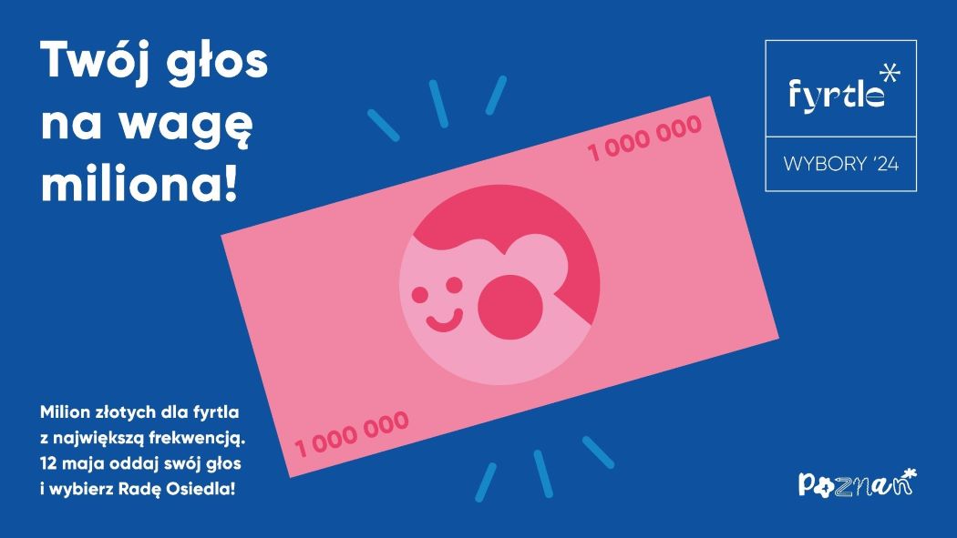 na różowym, przechylonym prostokącie widać humanoidalną twarz w różowych odcieniach, różowy prostokąt znajduje się na niebieskim tle, na tym tle m.in. napisy "Twój głos na wagę miliona", "fyrtle", "wybory'24" - grafika artykułu
