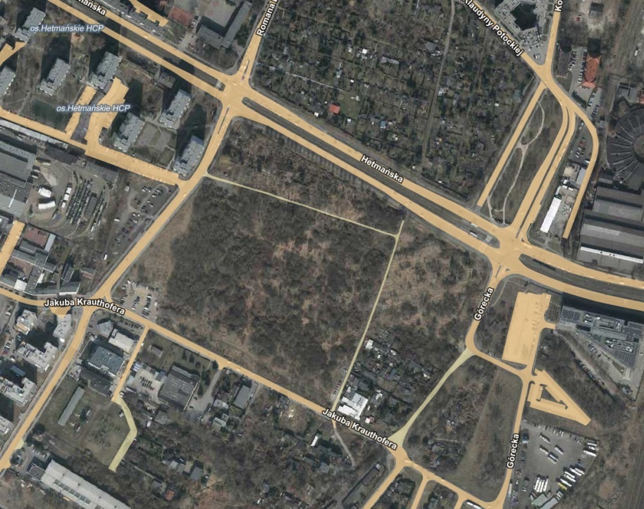 zdjęcie lotnicze obszaru z zaznaczonymi ulicami m.in. Hetmańską, Górecką i Krauthofera - grafika artykułu