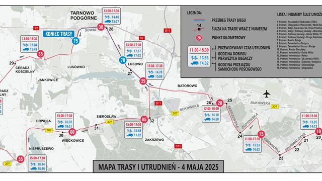 mapa z trasą biegu Wings For Life w Poznaniu w 2025 roku