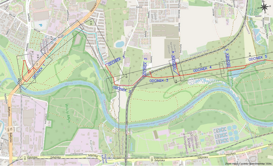 mapa z orientacyjnym przebieg ścieżki pieszo-rowerowej Wartostrada do Owińsk, podzielonym na odcinki - grafika artykułu