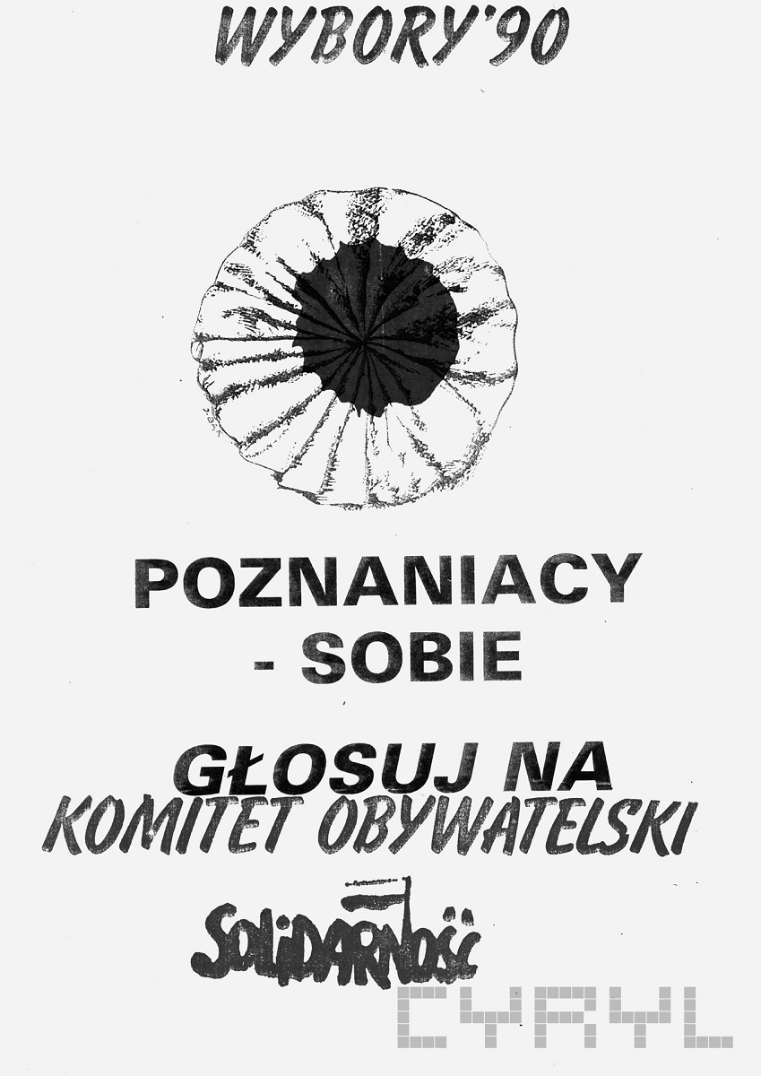 ulotka wyborcza, na której jest grafika kotylionu oraz napis wybory 90, poznaniacy - sobie, głosuj na Komitet Obywatelski i logi Solidarność - grafika artykułu