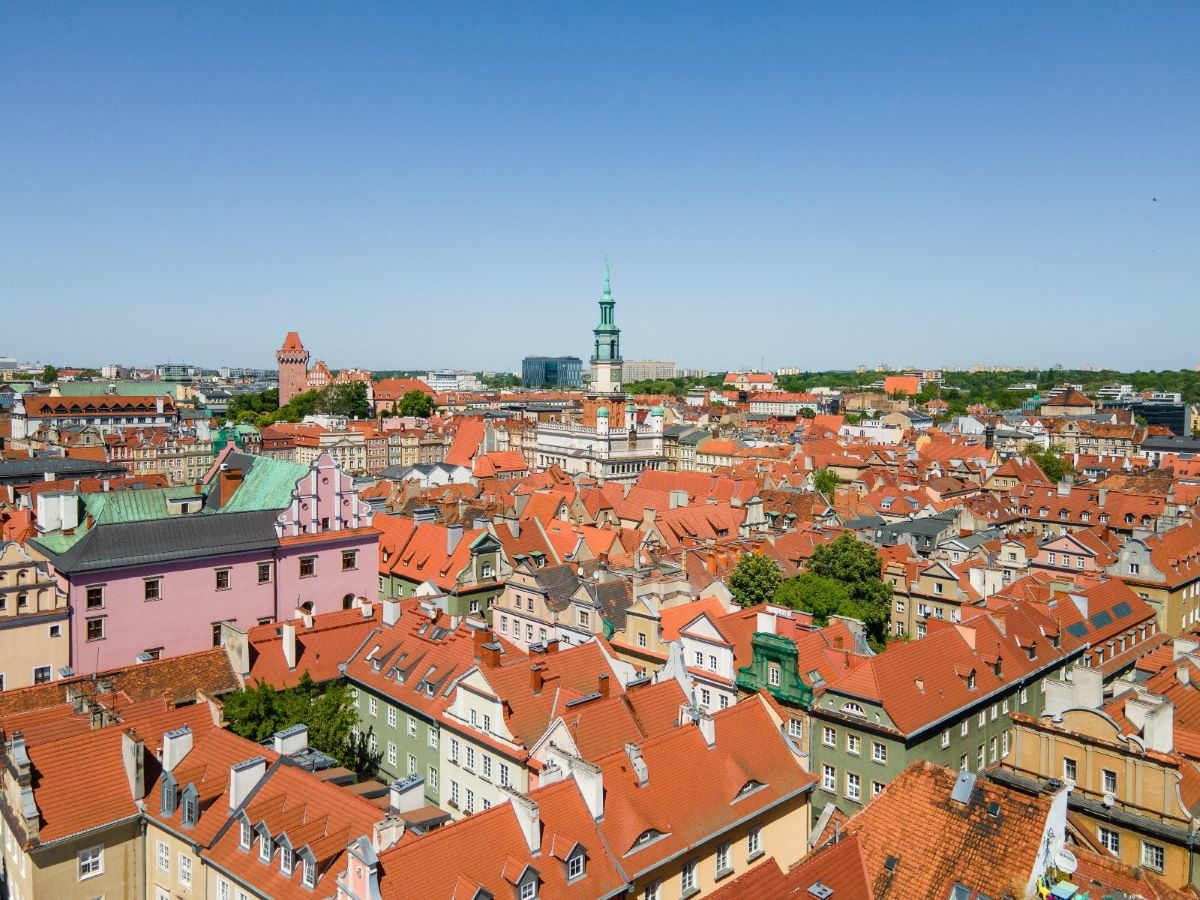fragment panoramy Starego Miasta w Poznaniu, widoczne dachy kamienic z czerwoną dachówką, w tle widoczna wieża ratusza i wieża zamku Przemysła, na miastem błękitne niebo, słoneczna pogoda - grafika artykułu