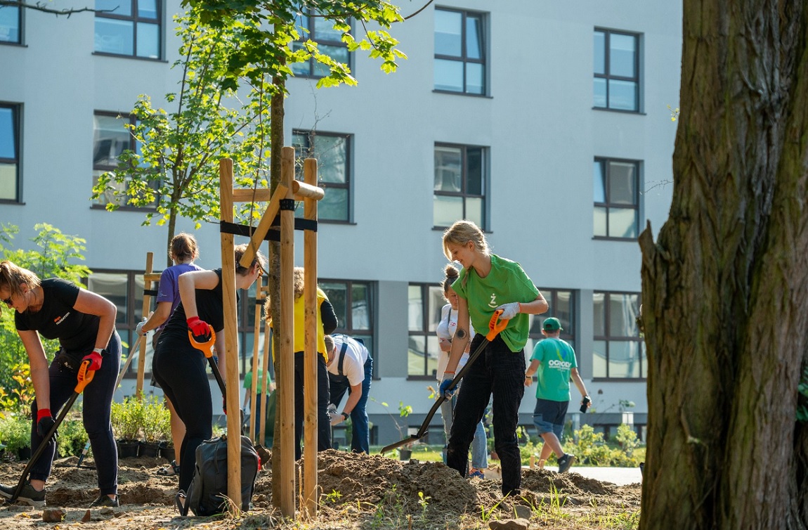 grupa ludzi realizuje prace ogrodowe, mają łopaty, sadzą drzewa - grafika artykułu