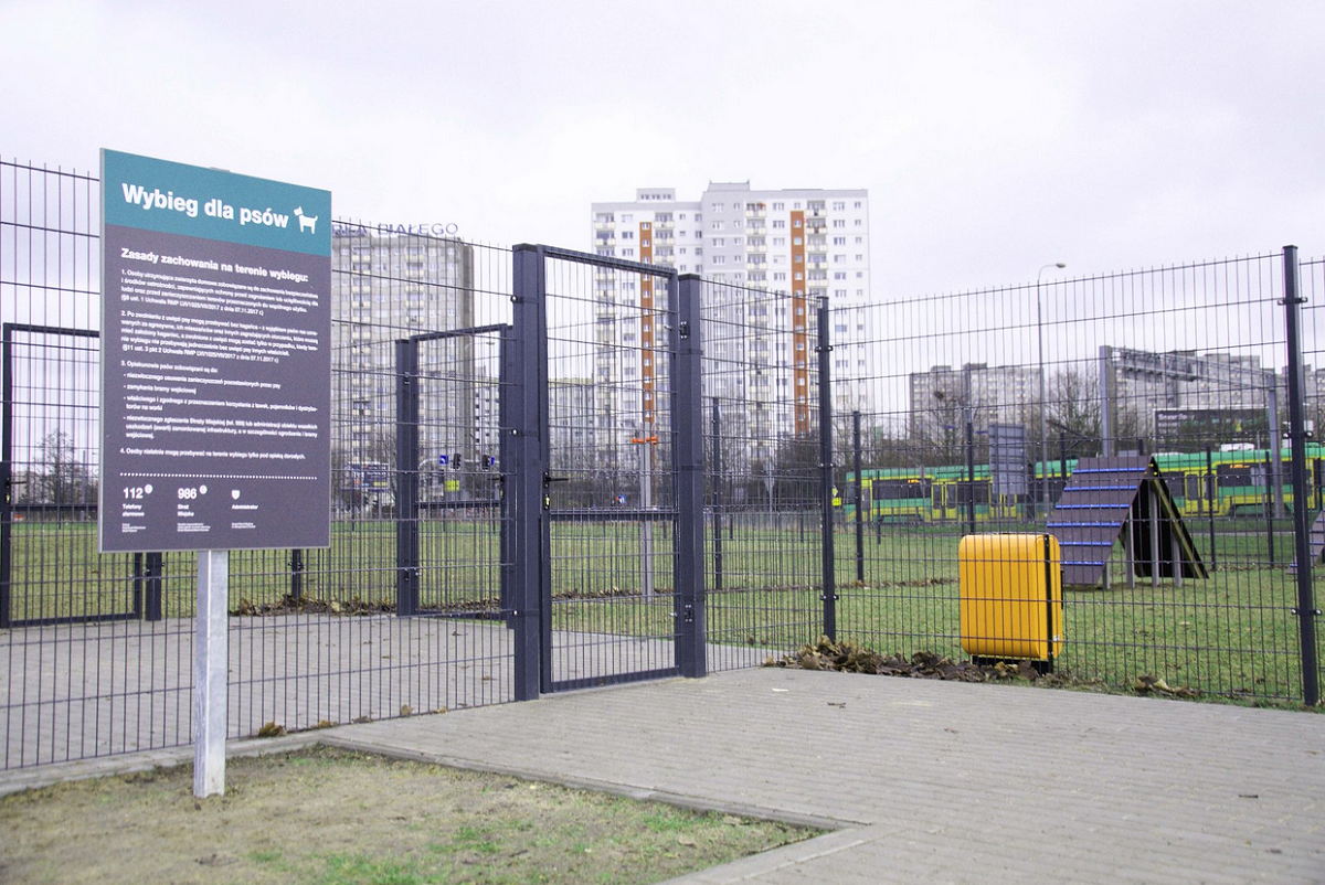 wybieg dla psów ogrodzony płotem siatką, przed wybiegiem tablica informacyjna, w oddali widac wysokie bloki mieszkalne - grafika artykułu