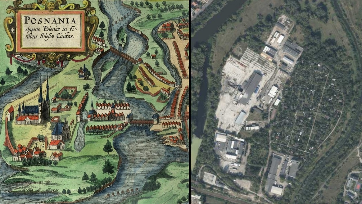 mapa historycznego Ostrowa Tumskiego i współczesnej zdjęcie lotnicze tego miejsca - grafika artykułu