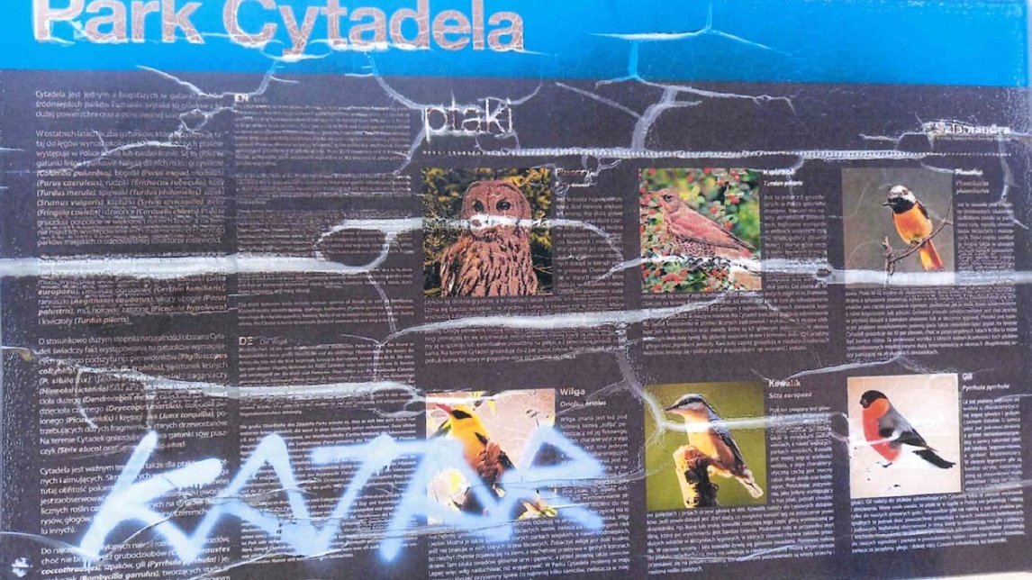 zniszczona tablica informacyjna w parku