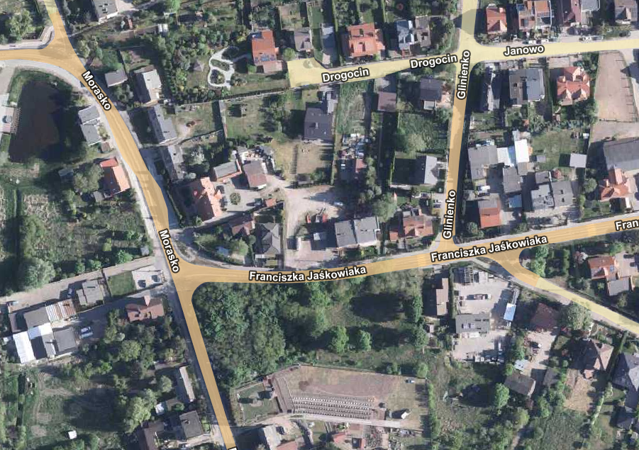 gragment mapy lotniczej z zaznaczonymi ulicami między innymi Morasko i Franciszka Jaśkowiaka - grafika artykułu