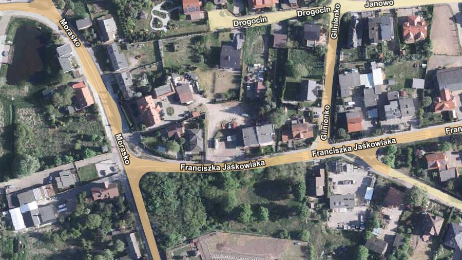 gragment mapy lotniczej z zaznaczonymi ulicami między innymi Morasko i Franciszka Jaśkowiaka