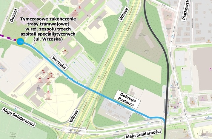 mapa z planowanym przebiegiem I etapu trasy tramwajowej w kierunku Podolan, I etap do ul. Wrzoska - grafika artykułu