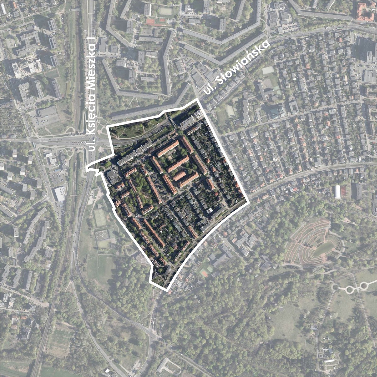 Mapa lotnicza z zaznaczonymi granicami terenu objętego projektem miejscowego planu zagospodarowania przestrzennego dla obszaru "Stare Winogrady - część zachodnia" - grafika artykułu