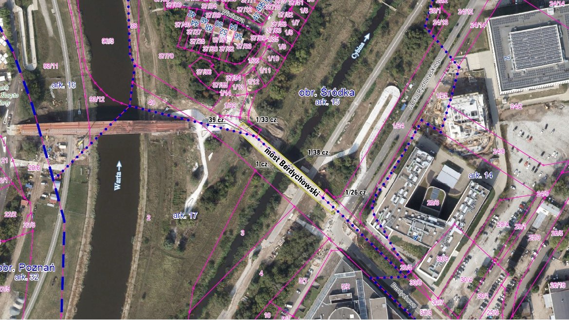 mapa lotnicza przestawiające mosty nad rzekami i ich otoczenie zaznaczono między innymi nazwę most Berdychowski