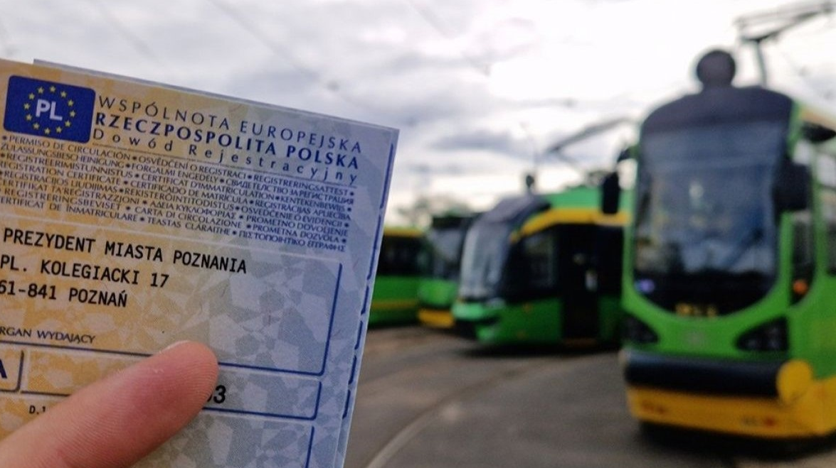 fragmnet dowodu rejestracyjnego i palec ręki która go trzyma w tle tramwaje zamglony obraz - grafika artykułu - grafika artykułu