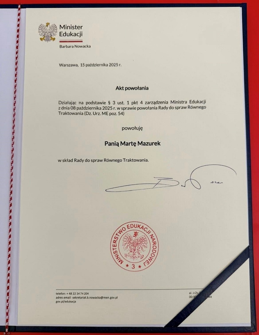 Dokument o powowałniu radnej Marty Mazurek w skład Rady do spraw Równego Traktowania przy Ministerstwie Edukacji Narodowej - grafika artykułu