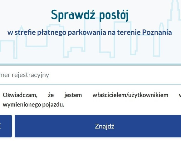 zrzut z ekranu z wyszukiwarką w której można sprawdzić czy zalega się z płatnościami za korzystanie ze strefy płatnego parkowania wpisując numer rejestracyjny pojazdu