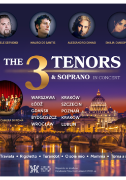 Twarze 3 mężczyzn i jednej kobiety. Na dole rzeka i oświetlone na żółto miasto.