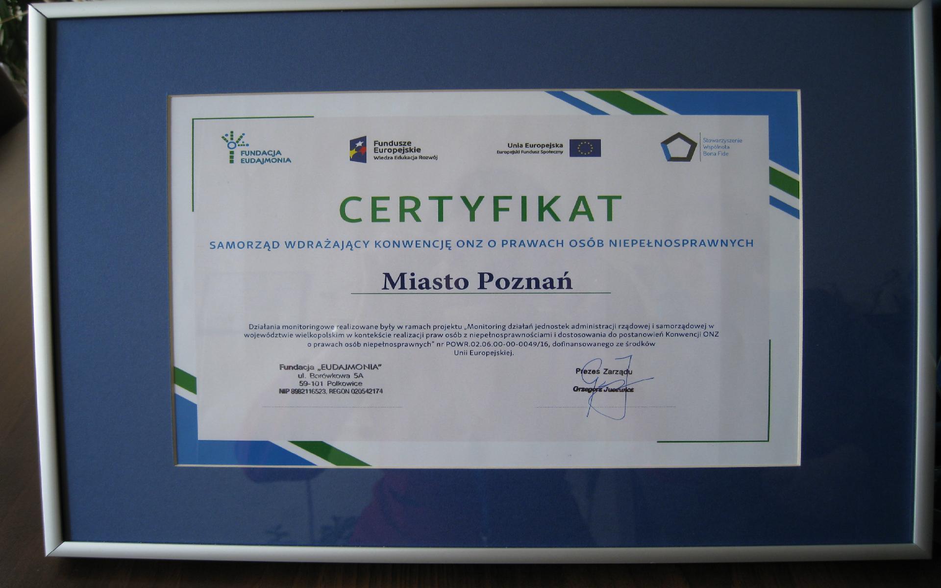Certyfikat dla Poznania - grafika artykułu