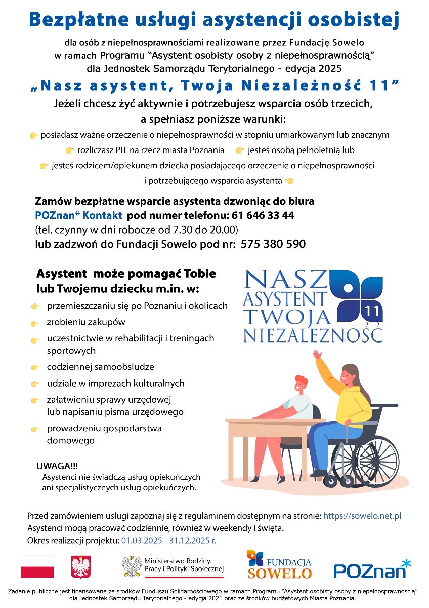 Plakat informujący o szczegółach programu Plakat informujący o bezpłatnych usługach asystencji osobistej