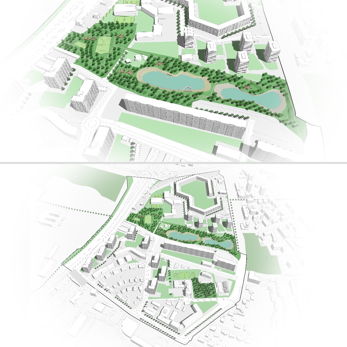 Nowy plan miejscowy dla Bonina i Winiar Dwa plany zagospodarowania przestrzennego umieszczone jeden nad drugim, przedstawiające ten sam obszar w perspektywie architektonicznej