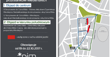 Schemat objazdów w związku z budową przystanków wiedeńskich na ul Górna Wilda 19-22 października