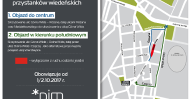 Schemat objazdów w związku z budową przystanków wiedeńskich na ul. Górna Wilda przez 19 i po 22 października