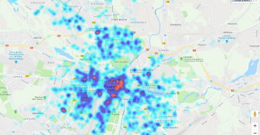 Mapa punktów z największą liczbą wypożyczeń skuterów (heat mapa)