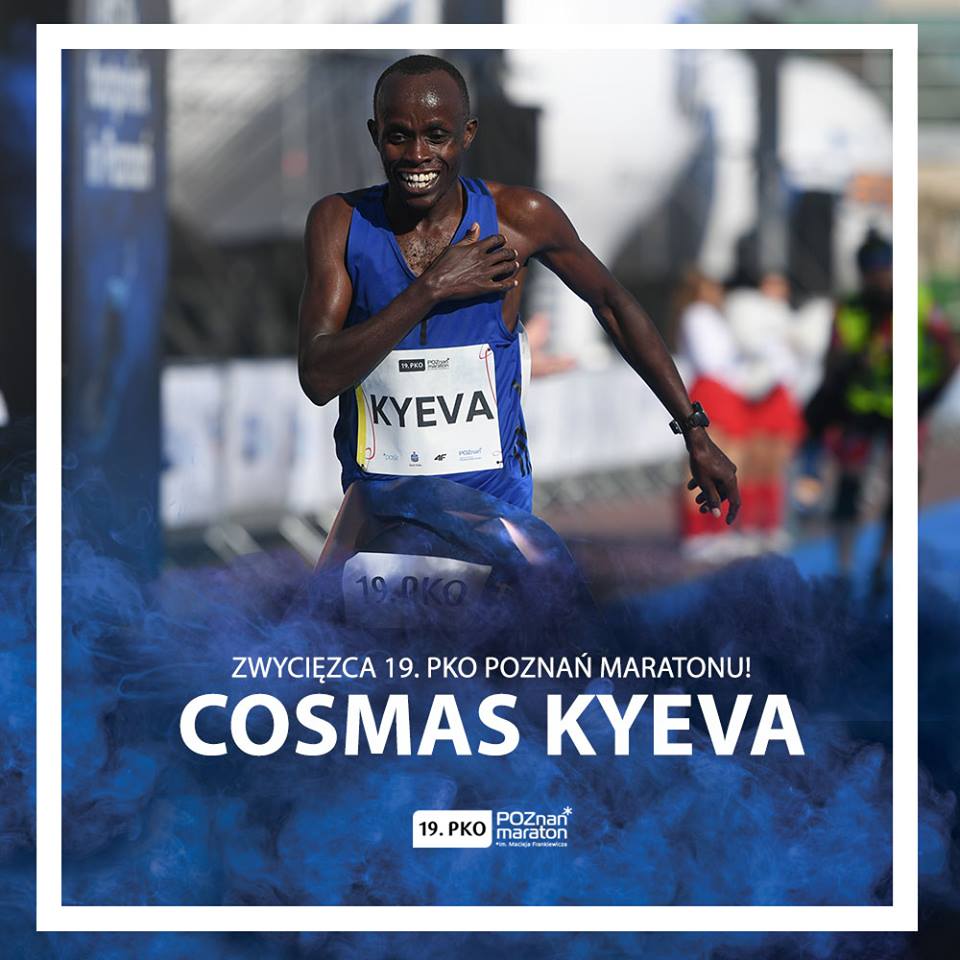Zwycięzcą biegu został Cosmas Kyeva, który ustanowił również rekord trasy fot. Poznań Maraton - grafika artykułu