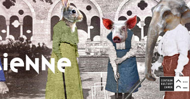 Ilustracja przedstawia plakat reklamujący wydarzenie. Widać na nim postacie ludzkie z głowami zwierząt - koguta, królika, świni i słonia