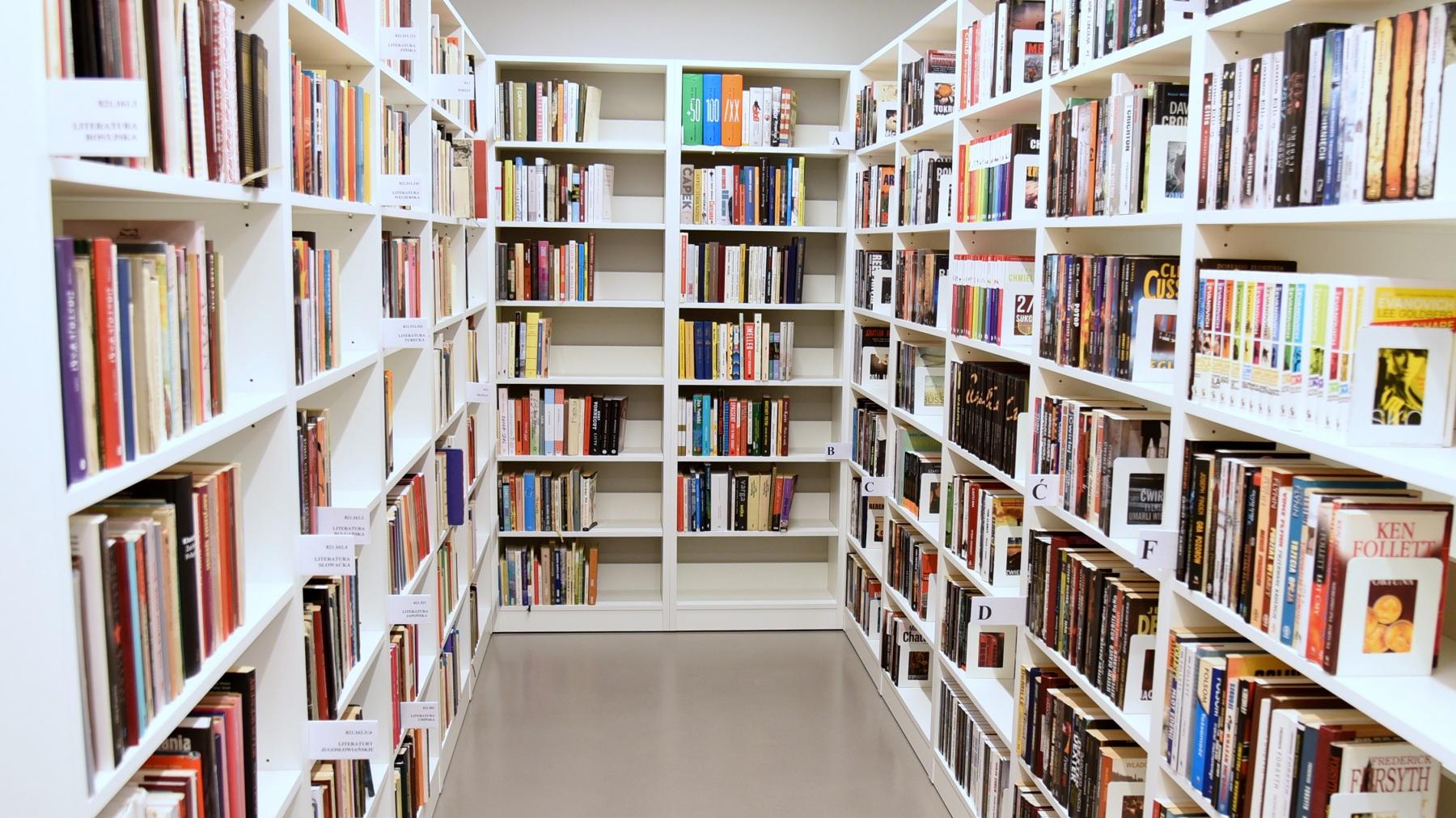 Zdjęcie przedstawia białe regały pełne książek - grafika artykułu