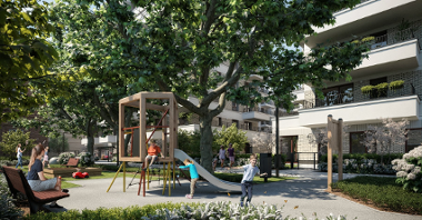 Obrazek przedstawia wizualizację placu zabaw na terenie inwestycji Modena. Na środku rośnie zielone drzewo, dookoła bawią się dzieci.