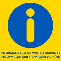 Na żóltym tle znak ukrainy i napisy