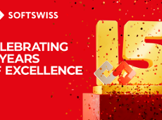 Softswiss Red canva, on the left white slogan: SOFTSWISS CELEBRATING 15 YEARS OF EXCELLENCE
