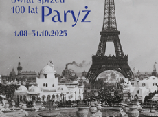 Świat sprzed 100 lat. Paryż CZarno-białe zdjęcie przedstawiające Wieżę Eiffla i pawilony zbudowane na Wystawę Światową