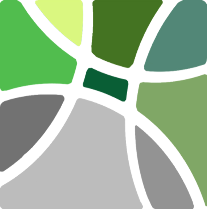 Kwadrat podzielony białą linią na dziewięć nieregularnych części wypełnionych odcieniami zieleni i szarości.