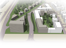 model 3D. Wizualizacja przedstawia bryły istniejącej i projektowanej zabudowy. Kolorem zielonym podkreślono tereny zieleni i drzewa.