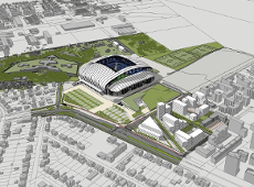 model 3D. Wizualizacja przedstawia bryły istniejącej i projektowanej zabudowy. Kolorem zielonym podkreślono tereny zieleni i drzewa.