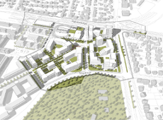 model 3D. Wizualizacja przedstawia widok z góry. Bryły istniejącej i projektowanej zabudowy. Kolorem zielonym podkreślono tereny zieleni i drzewa. W północnej części widoczna pętla tramwajowo - autobusowa.