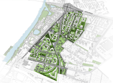 model 3D. Wizualizacja przedstawia widok z góry. Bryły istniejącej i projektowanej zabudowy. Kolorem zielonym podkreślono tereny zieleni i drzewa. Niebieskim kolorem zaznaczono wody.