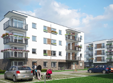 Na obrazku widać wizualizację 3 bloków mieszkalnych. Część mieszkań w bloku ma balkony. Na niektórych balkonach i przy niektórych oknach postawione są doniczki z kwiatami. Przed blokami, na pierwszym planie jest parking. Na parkingu stoją auta. Przy jednym z aut stoi dwóch ludzi z czerwonym wózkiem dziecięcym.