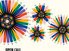 Salon Ilustratorów 2026 Na zółtym tle kolorowe kredki ułożone w kształt kwiatów