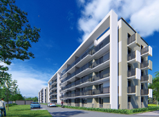 Obraz przedstawia wizualizację bloku. Blok jest pokazany od frontu. Przed blokiem znajduje się ulica, przy której są zaparkowane samochody. Obok bloku spacerują ludzie i jest dużo terenów zielonych.