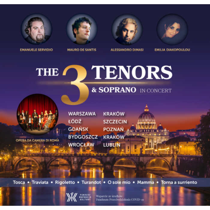 Twarze 3 mężczyzn i jednej kobiety. Na dole rzeka i oświetlone na żółto miasto.