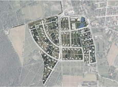 Widok z góry. Mapa z granicą projektu planu. Białym kolorem przedstawiono nową zabudowę, wraz z podziałem działek geodezyjnych na podkładzie z ortofotomapy.