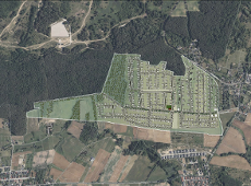 Wizualizacja 3D. Propozycja zagosporarowania terenu wg projektu mpzp na tle ortofotomapy.