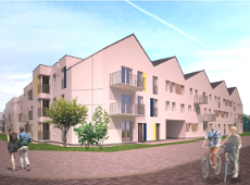 Wizualizacja nowoczesnego osiedla mieszkaniowego składającego się z szeregowych, dwupiętrowych budynków o spadzistych dachach. Elewacje są jasne, z pojedynczymi akcentami kolorystycznymi, takimi jak żółte i niebieskie fragmenty. Przed budynkami widać zielony trawnik, młode drzewka, a także ludzi spacerujących i jadących na rowerach po utwardzonej nawierzchni.