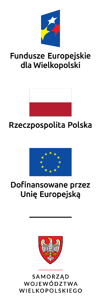 Zestawienie znaków-logo Programu Fundusze Europejskie dla Wielkopolski, flaga Polski, flaga UE, herb Województwa Wielkopolskiego