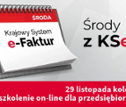 Grafika promocyjna bezpłatnego cyklu szkoleń pod tytułem "środy z KSeF", na grafice widoczny jest kalendarz, tytuł szkolenia