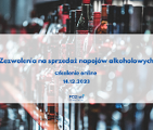 Grafika promocyjna bezpłatnego szkolenia pod tytułem "Zezwolenia na sprzedaż napojów alkoholowych", szkolenie odbędzie 14 grudnia 2023 r.