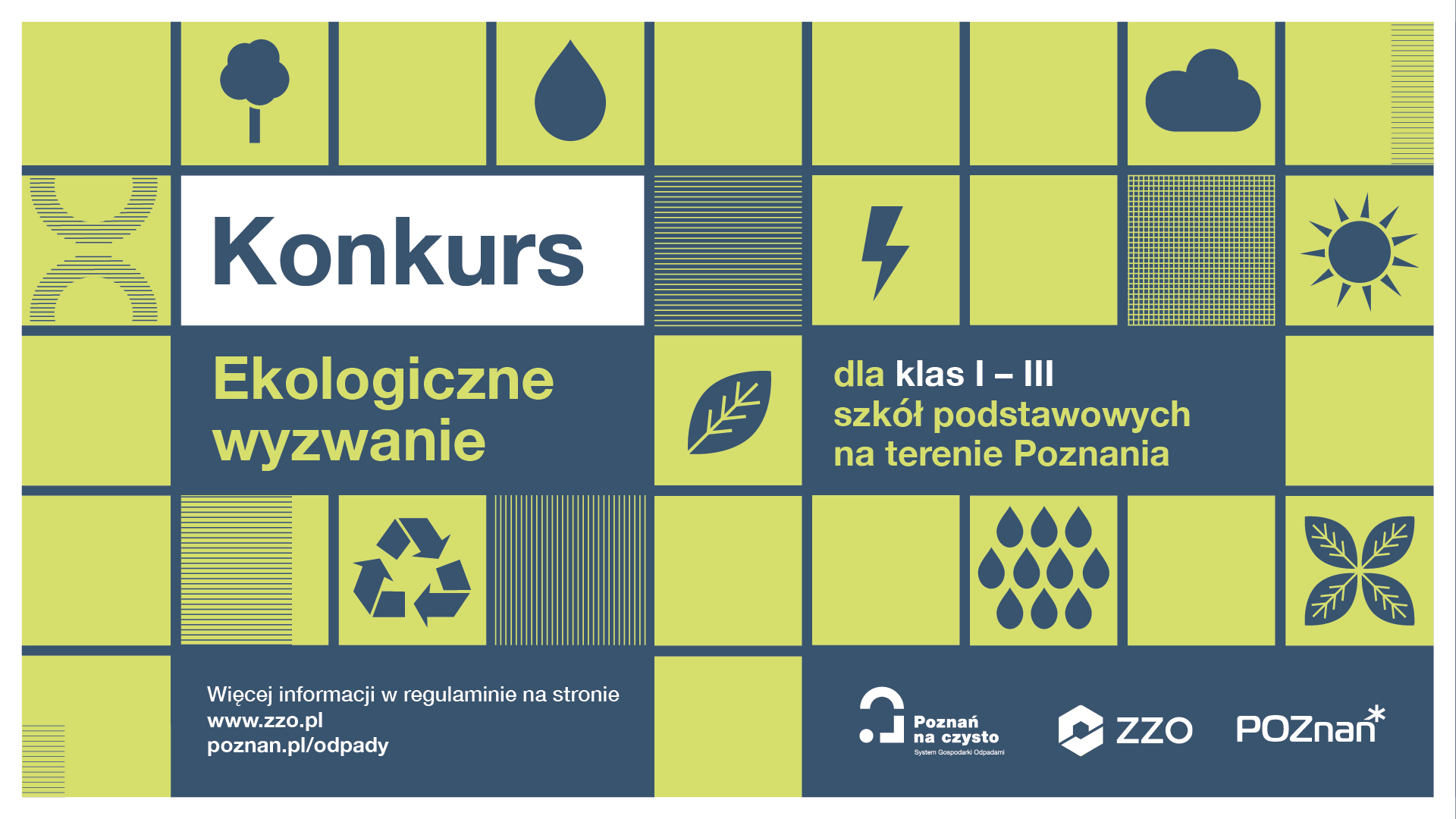 ZZO rzuca szkołom "Ekologiczne wyzwanie" Grafika przedstawia informacje o konkursie oraz rysunki kratek, w których umieszczone są między innymi obrazki chmurek, drzew, kropelek deszczu, słońca, liścia, błyskawicy.